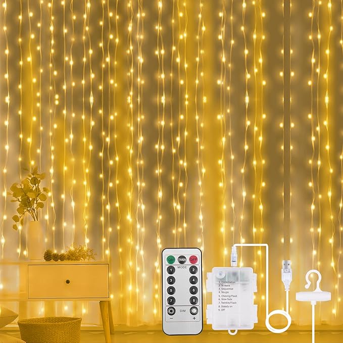 AOMIG Fairy Curtain Lights, 300 LED Warm White Window Curtain String Light by AOMIG