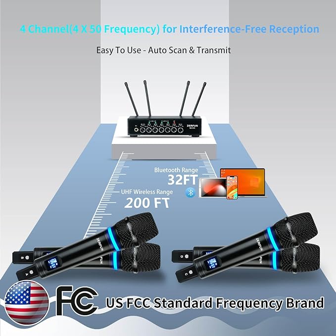 4 Channel Rechargeable Wireless Microphone System, Pro UHF Metal Handheld - Image 7