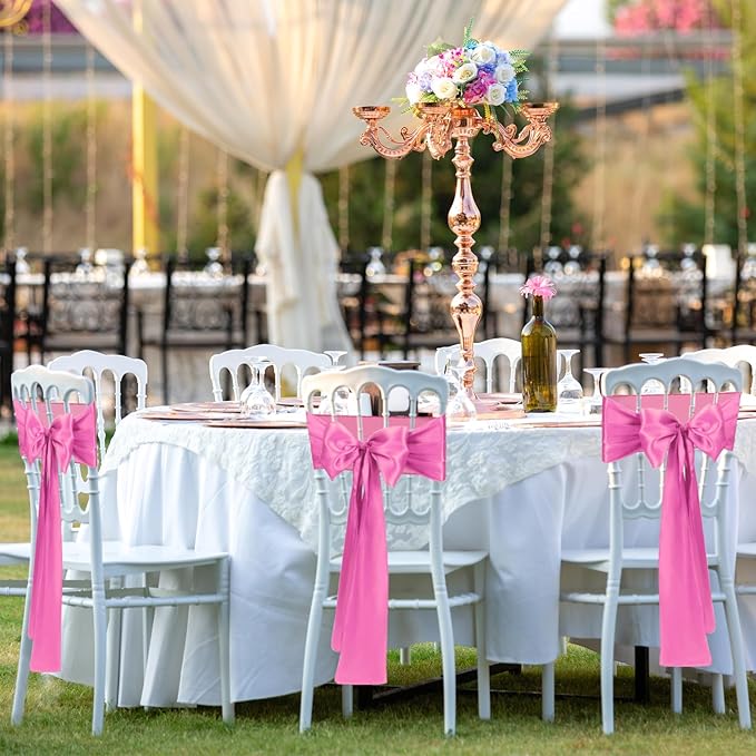 50 PCS Pink Satin Chair Sashes Bows Universal Chair Ribbon Ties Back Sash - Image 6