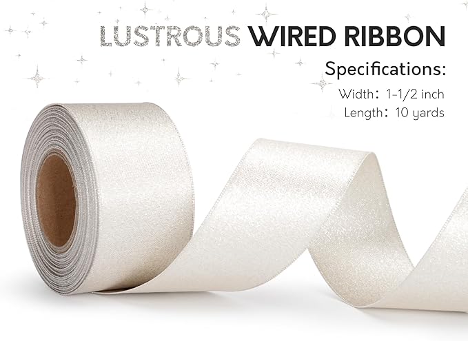 Champagne Satin Wired Ribbon 1-1/2 Inch Double-Faced Sliver Glitter Ribbons - Image 3