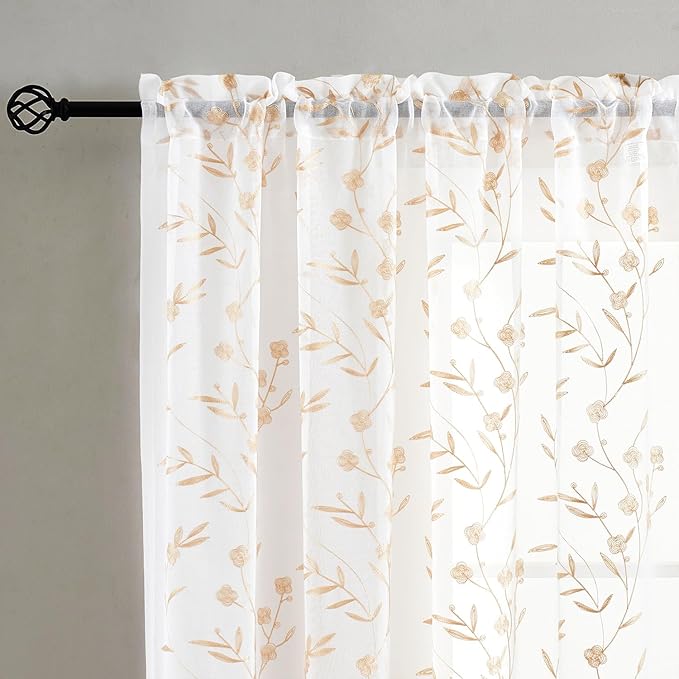 Sheer Curtains White-Beige 95 Inches, Embroidery Floral Pattern Window - Image 3