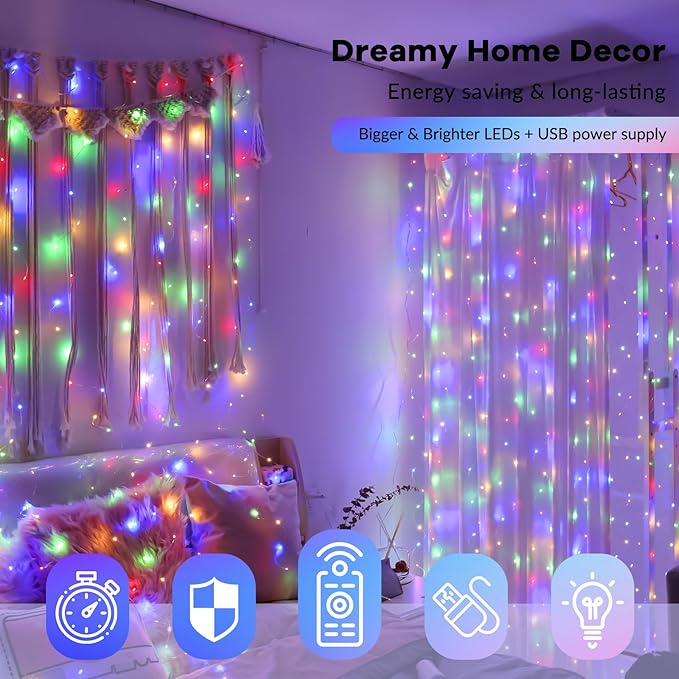 HXWEIYE 300LED Fairy Curtain Lights, 9.8x9.8Ft USB Plug-in 8 Modes Christmas - Image 6