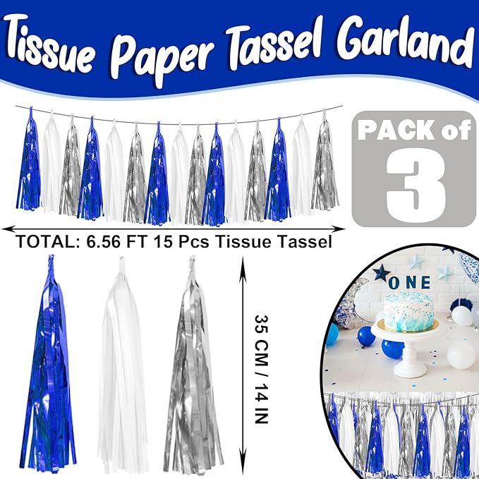 3P Navy-Blue White-Silver Tassel Garland Banner, Tassels Banner Streamers - Image 2