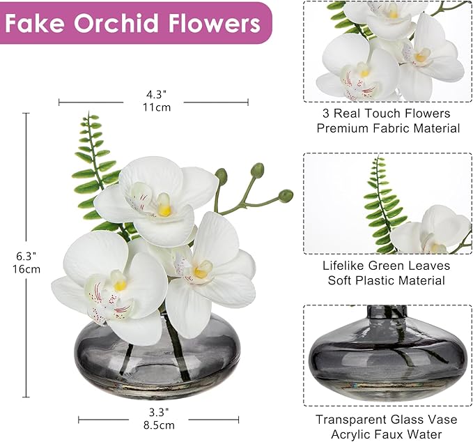 White Orchids Artificial Flowers Faux Orchids Arrangement in Black Glass Vases - Image 2