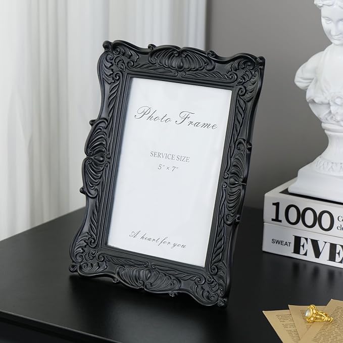 Cuspin 5x7 Black Picture Frame, Vintage Ornate Decorative Hand-Carved Resin - Image 2