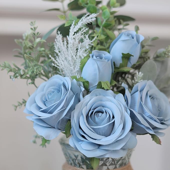 Faux Flowers with Vase, Artificial Silk Roses in Vase, Fake Plant Eucalyptus - Image 4