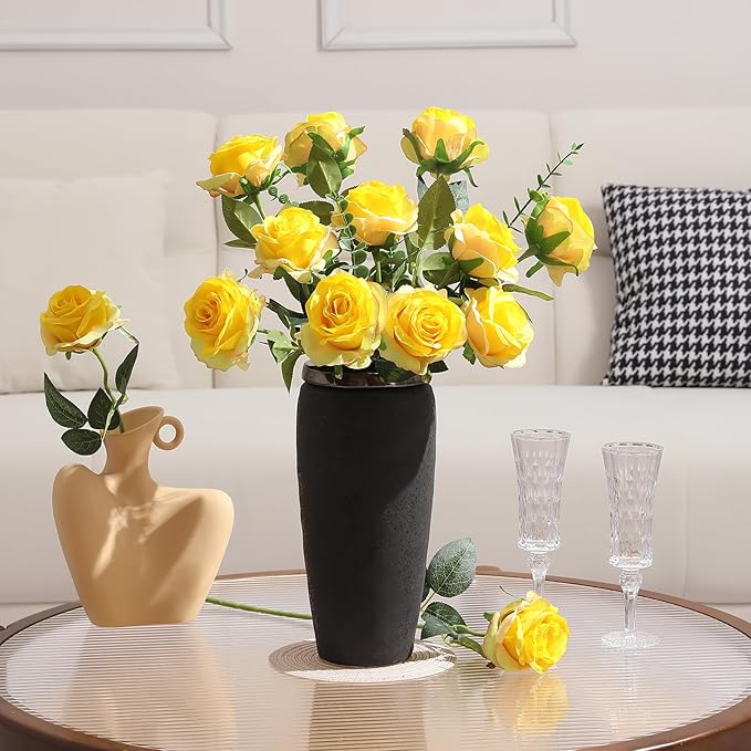 Tifuly Yellow Roses Artificial Flowers -12 pcs Realistic Single Long Stem Fake - Image 6