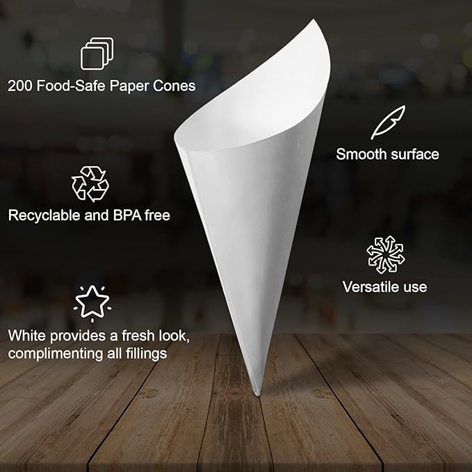 MONTX® 200-Pack Disposable Food Cones | 7" or 6" | White Food-Safe Paper - Image 3