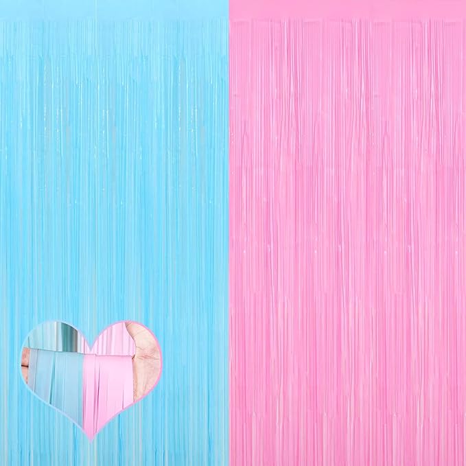 4 Pack 3.2Ft x 6.6Ft Pink Blue Fringe Curtain Backdrop, Metallic Tinsel Foil by Mebiornt