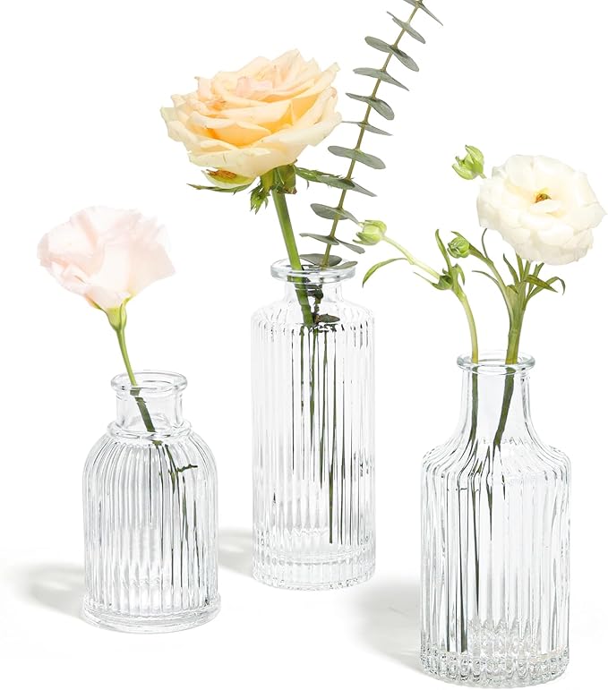 ComSaf Glass Bud Vases Set of 3, Small Flower Vases in Bulk, Mini Ribbed Vases by ComSaf