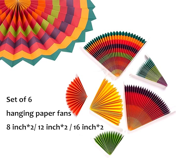 SUNBEAUTY Pack of 6 Hanging Paper Fans Party Carnival Circus Round Pattern - Image 4