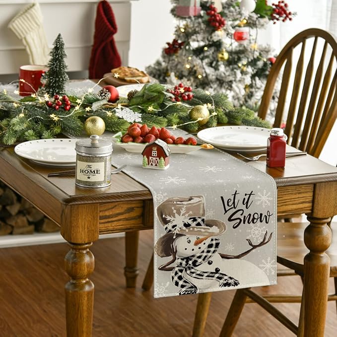 Artoid Mode Grey Snowman Snowflake Let it Snow Christmas Table Runner, Seasonal - Image 2