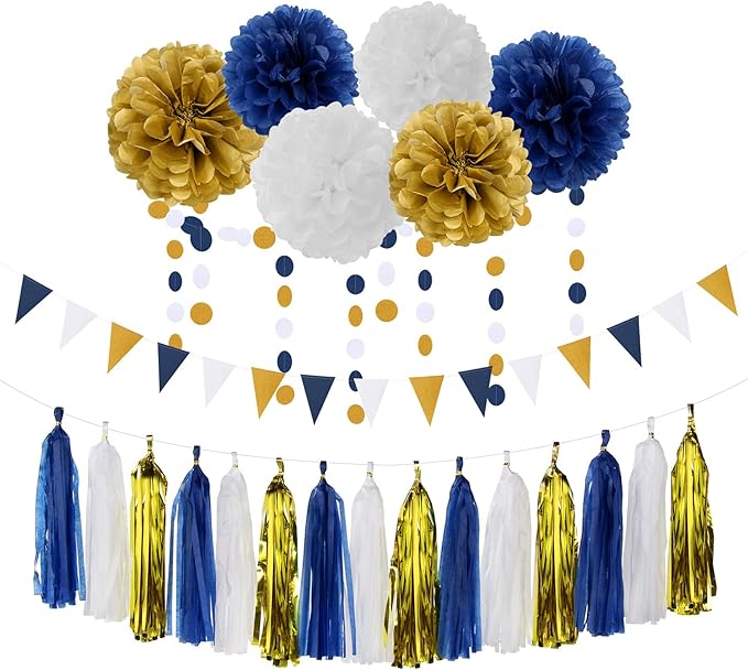 Navy Blue White Gold Party Decoration 23pcs Kits-Paper Flowers, Banner Flags by LastingSurprise