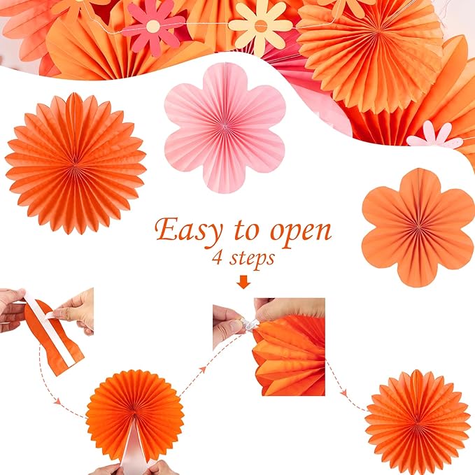 SUNBEAUTY Paper Fans Decorations Pink and Orange Party Decorations Flower Party - Image 7