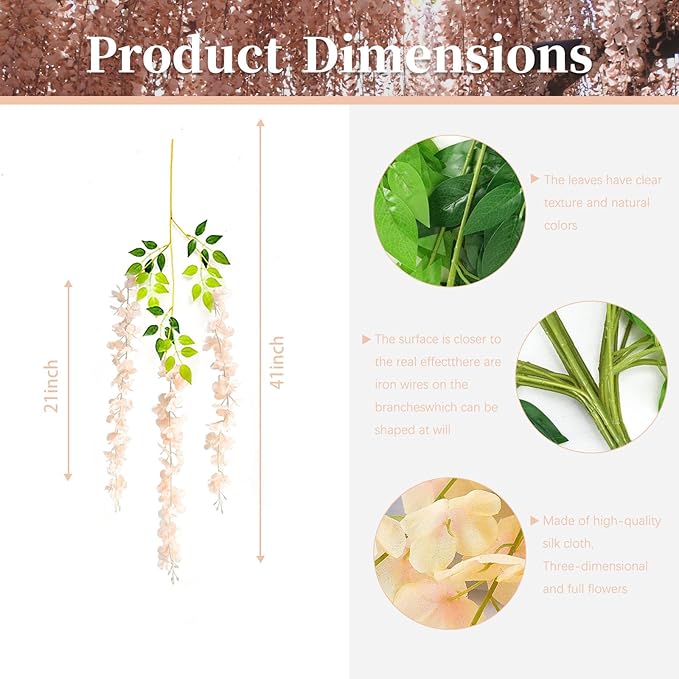 24 Pack Champagne Pink Wisteria Hanging Flowers, 3.44 Ft Fake Hanging Flowers - Image 2