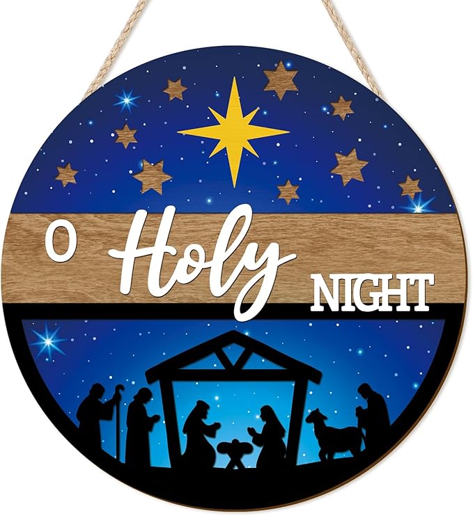 CHDITB 3D O Holy Night Jesus Christmas Front Door Sign, Wooden Nativity Scene by CHDITB