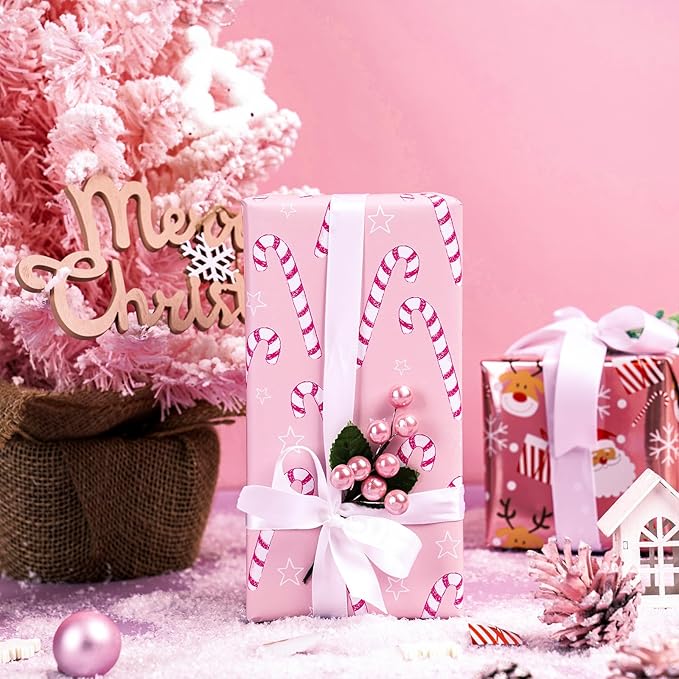 LeZakaa Christmas Pink Wrapping Paper Jumbo Roll, Santa Claus & Candy Cane - Image 6