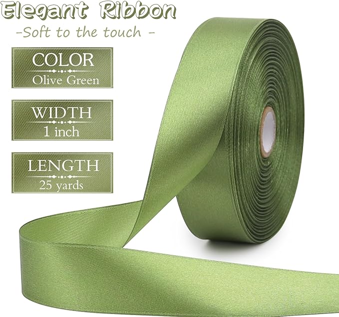 Olive Green Solid Satin Ribbon 1 Inch 50 Yards Solid Polyester Fabric Ribbon - Image 2