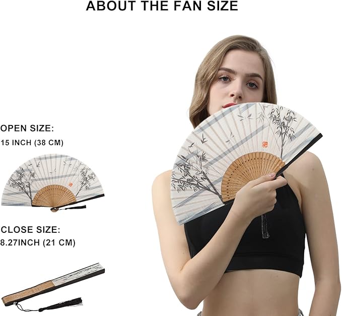 Amajiji 8.27" Hand Held Bamboo Silk Folding Fan Hand Fan, Chinese/Japanese - Image 2