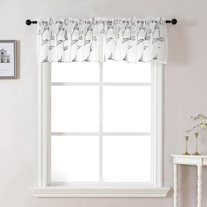 VISIONTEX Sheer Voile Curtain Valances, Decorative Leaves Embroidered, Rod by VISIONTEX