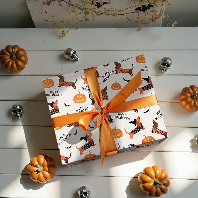 LeZakaa Halloween Dachshund Wrapping Paper Roll, Cute Dachshund Dogs - Image 5