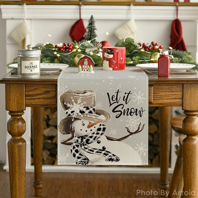 Artoid Mode Grey Snowman Snowflake Let it Snow 2PCS Christmas Table Runner - Image 6