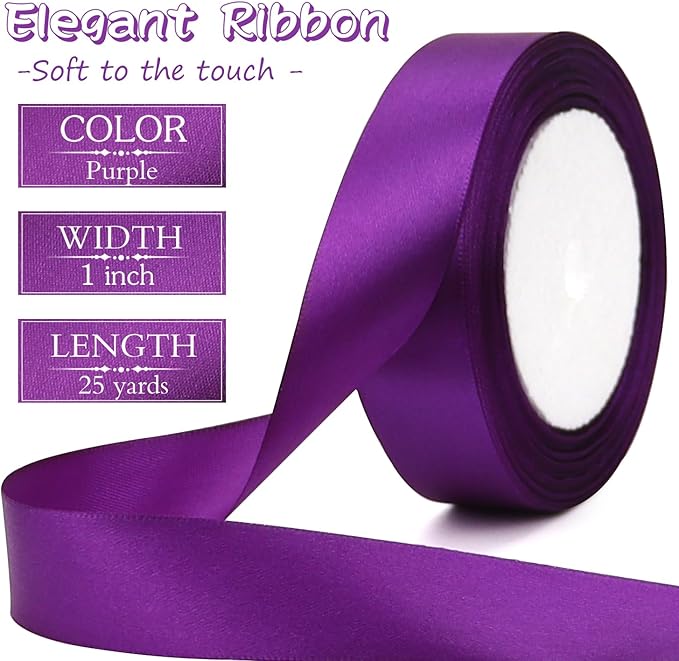 Purple Solid Satin Ribbon 1 Inch 25 Yards Solid Polyester Fabric Ribbon - Image 2