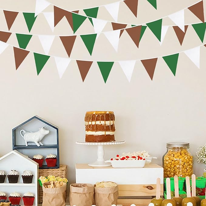 32Ft Green Brown White Party Decorations Brown Green Pennant Banner Fabric - Image 4