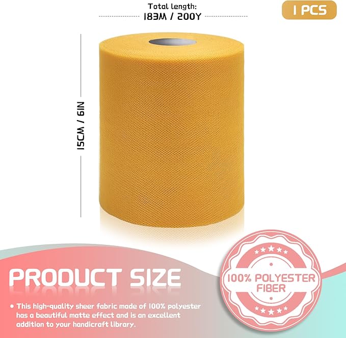 6" x 200 Yards Gold Tulle Fabric Rolls - Image 2