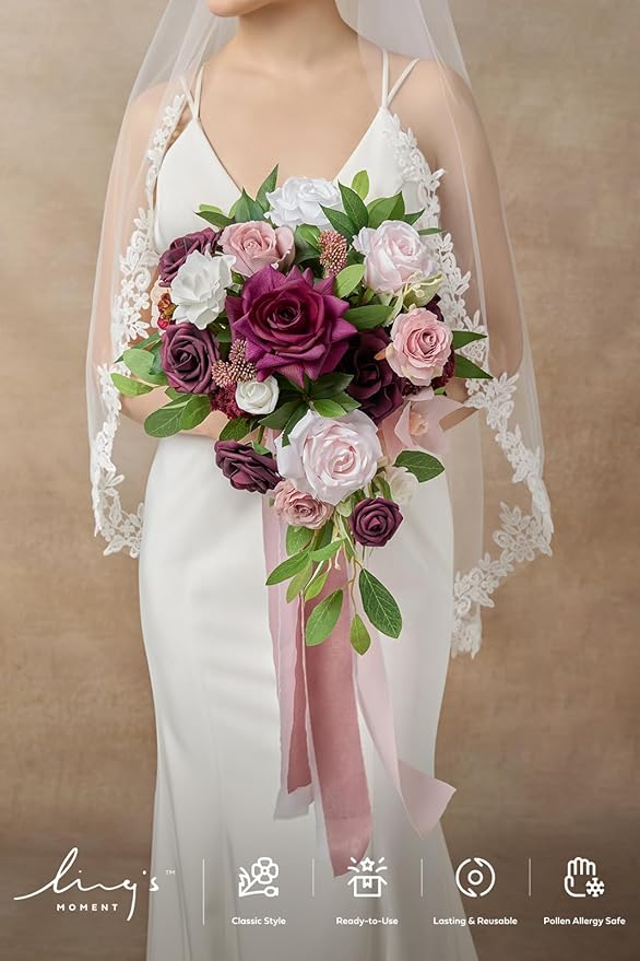 Ling's moment Burgundy Cascading Bridal Bouquet, Marsala Wedding Bouquets - Image 4