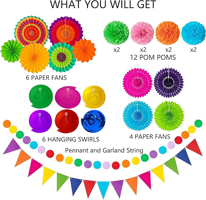 32Pcs Cinco De Mayo Decorations Fiesta Party Decorations Multi-Color Paper Fans - Image 3
