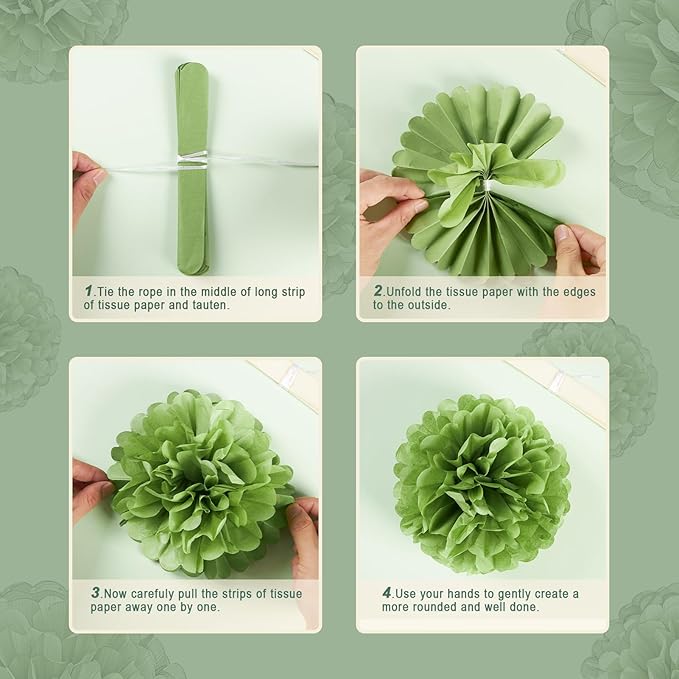 Sage Green Tissue Paper Pom Pom Flowers Decorations 15 PCS Olive Green Paper - Image 4