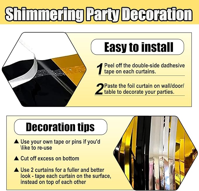 6 Pack Black Gold Silver Foil Fringe Curtain Backdrop, 3.28Ft x 8.2Ft Metallic - Image 3