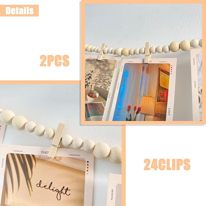Hanging Photo Display With 12 Clips, Wooden Bead Garland 2PCS, Boho Style - Image 3