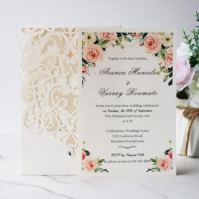 Hosmsua 50PCS Personalized Wedding Invitations Kit 5.12 x 7.3 Laser Cut Hollow - Image 4