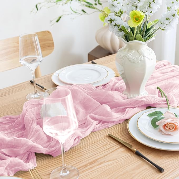 Asee'm 4pcs Cheesecloth Table Runner 120 Inches Blushing Pink Boho Gauze Cheese - Image 5