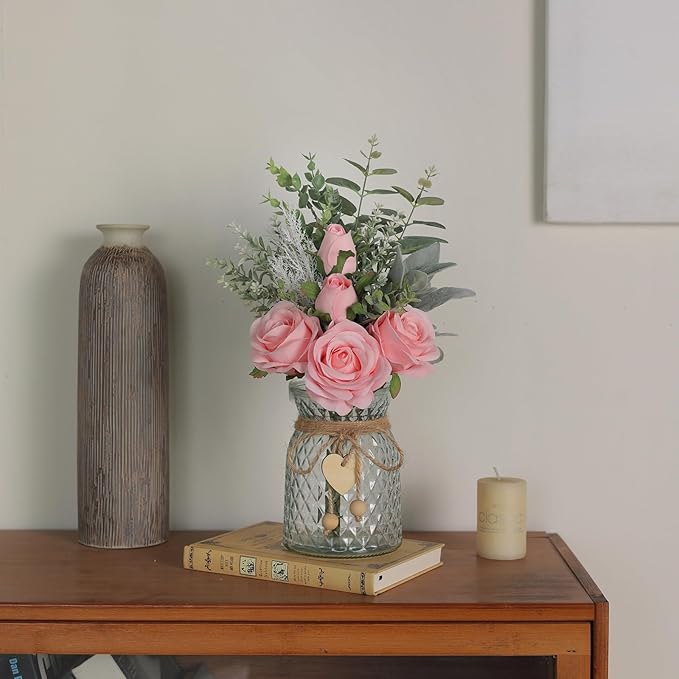 Faux Flowers with Vase, Artificial Silk Roses in Vase, Fake Plant Eucalyptus - Image 9