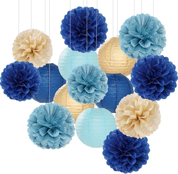 Dusty-Navy Blue Champagne-Gold Paper-Flowers Lanterns by Panduola