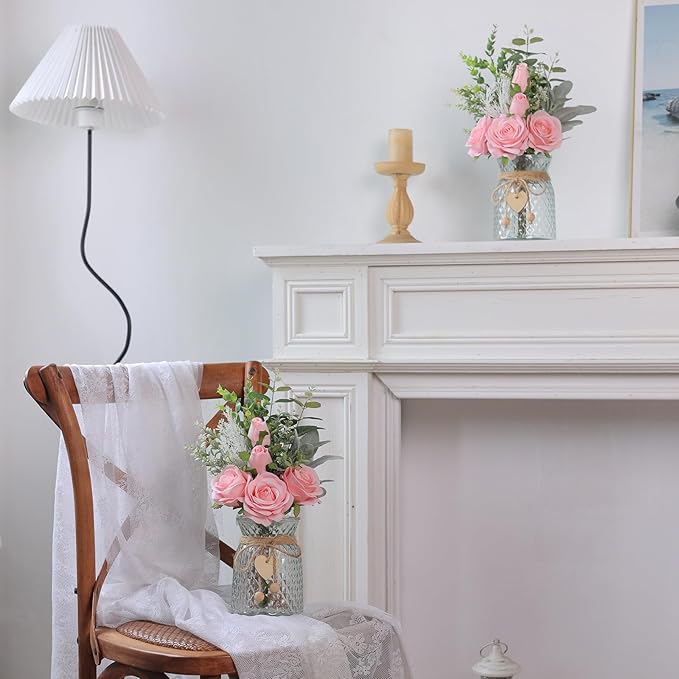 Faux Flowers with Vase, Artificial Silk Roses in Vase, Fake Plant Eucalyptus - Image 7