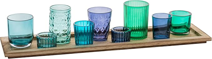 Creative Co-Op Wood Tray with 9 Blue & Green Glass Votive Holders by CreativeCo-Op