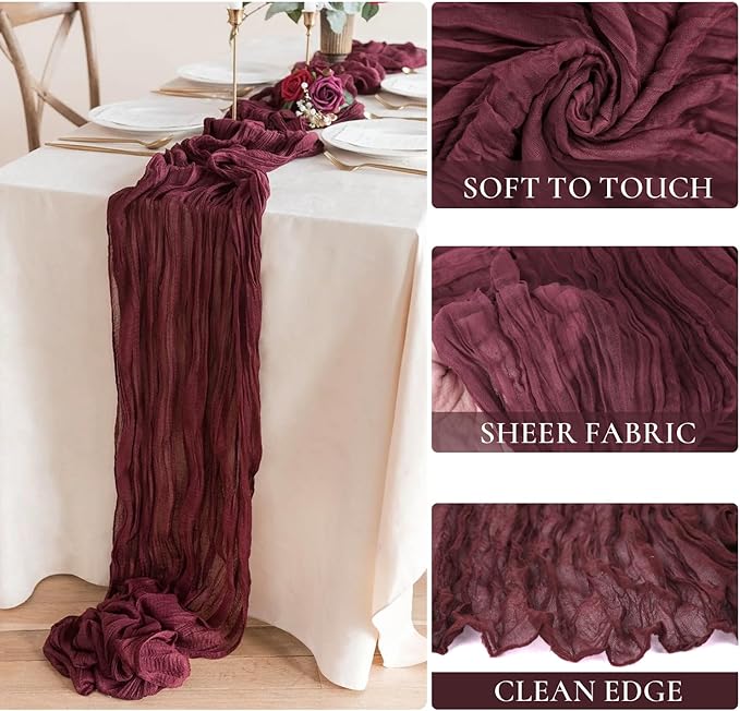 6 Pack Burgundy Table Runner Cheesecloth Gauze Red Table Runner 35x120 Inch - Image 2