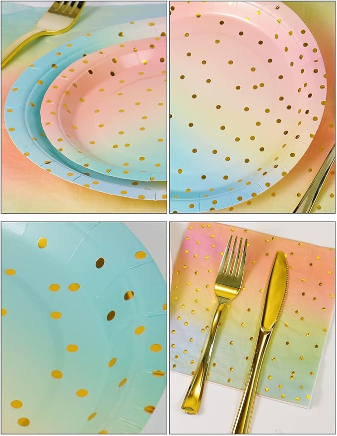 141 Pieces Rainbow Gold Party Supplies, Party Dinnerware Sets Include Paper - Image 2