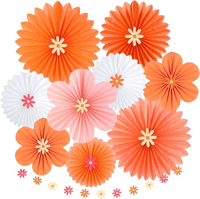 SUNBEAUTY Paper Fans Decorations Pink and Orange Party Decorations Flower Party by SUNBEAUTY