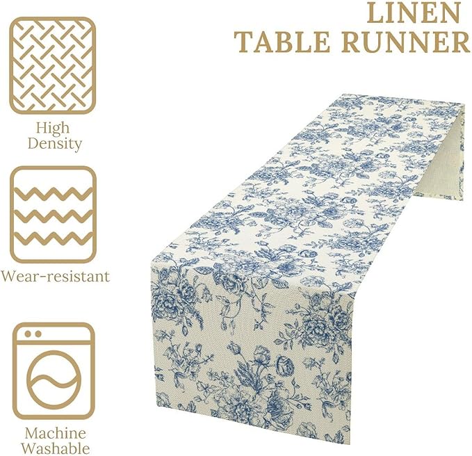 Floral Table Runner, Retro Blue Flower Chinoiserie Sketch Pattern Print Table - Image 3