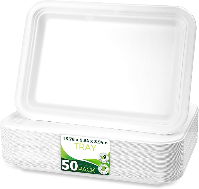 50Pack 14" Heavy Duty Disposable Rectangle Food Trays, Compostable Extra Large by Birchio