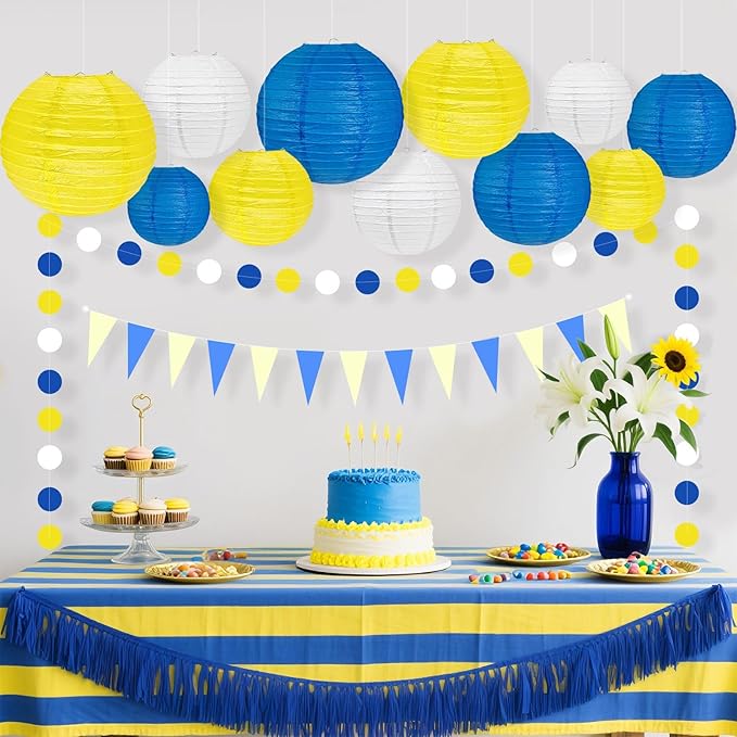 12Pcs Blue and Yellow Party Decorations Hanging Round Paper Lanterns Assorted - Image 6