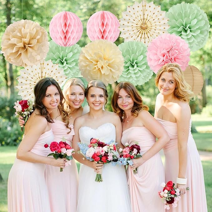 Sage-Green Pink-Champagne Party-Decorations Streamers Lanterns - Image 6