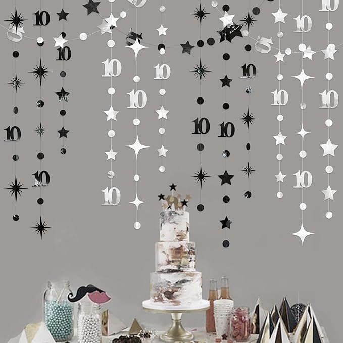 Silver Black 10th Birthday Decorations Number 10 Circle Dot Twinkle Star - Image 5