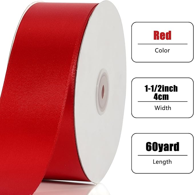 NESCCI 60 Yards Ribbon, 1-1/2 Inch Red Satin Ribbon, Single Face Satin Ribbons - Image 2