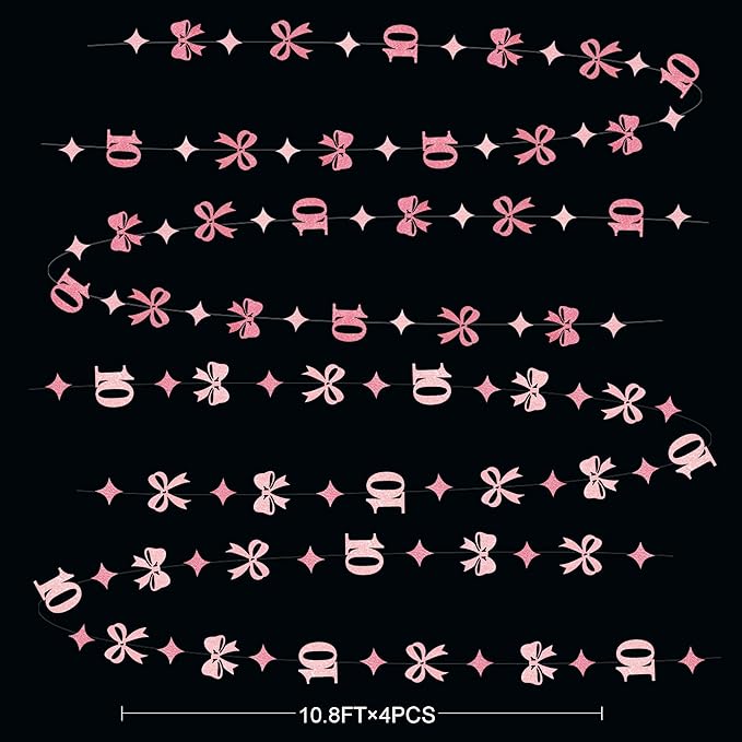 Glitter Pink 10th Bow Birthday Decorations Hot Pink Conquette Bow Garland - Image 2